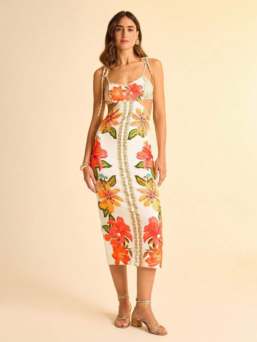 CAJUNI Vestido casual de férias de comprimento médio com estampa floral, alças finas e costas abertas - Roupas boêmias femininas/Roupas ocidentais para mulheres/Gráfico/Casual feminino