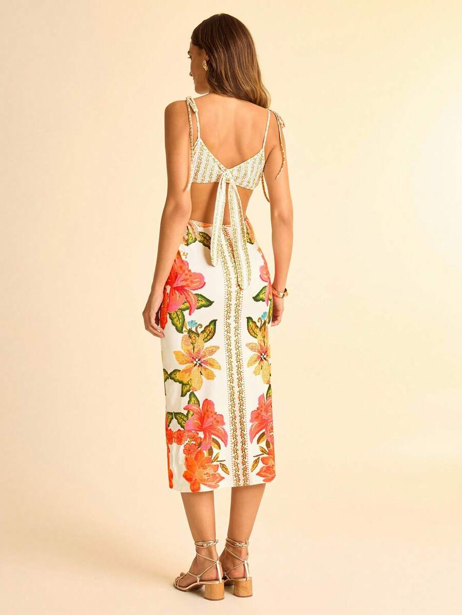 CAJUNI Vestido casual de férias de comprimento médio com estampa floral, alças finas e costas abertas - Roupas boêmias femininas/Roupas ocidentais para mulheres/Gráfico/Casual feminino