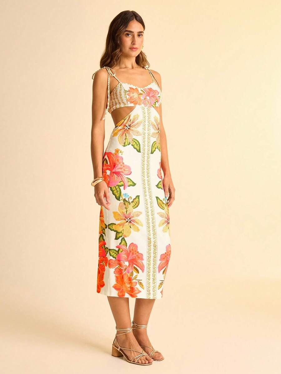 CAJUNI Vestido casual de férias de comprimento médio com estampa floral, alças finas e costas abertas - Roupas boêmias femininas/Roupas ocidentais para mulheres/Gráfico/Casual feminino