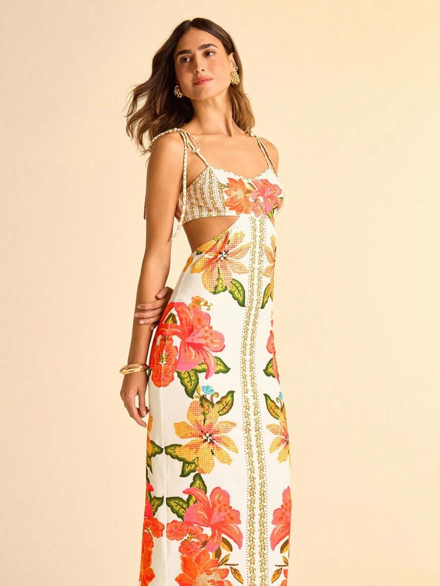 CAJUNI Vestido casual de férias de comprimento médio com estampa floral, alças finas e costas abertas - Roupas boêmias femininas/Roupas ocidentais para mulheres/Gráfico/Casual feminino