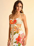 CAJUNI Vestido casual de férias de comprimento médio com estampa floral, alças finas e costas abertas - Roupas boêmias femininas/Roupas ocidentais para mulheres/Gráfico/Casual feminino