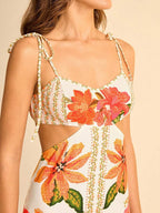 CAJUNI Vestido casual de férias de comprimento médio com estampa floral, alças finas e costas abertas - Roupas boêmias femininas/Roupas ocidentais para mulheres/Gráfico/Casual feminino
