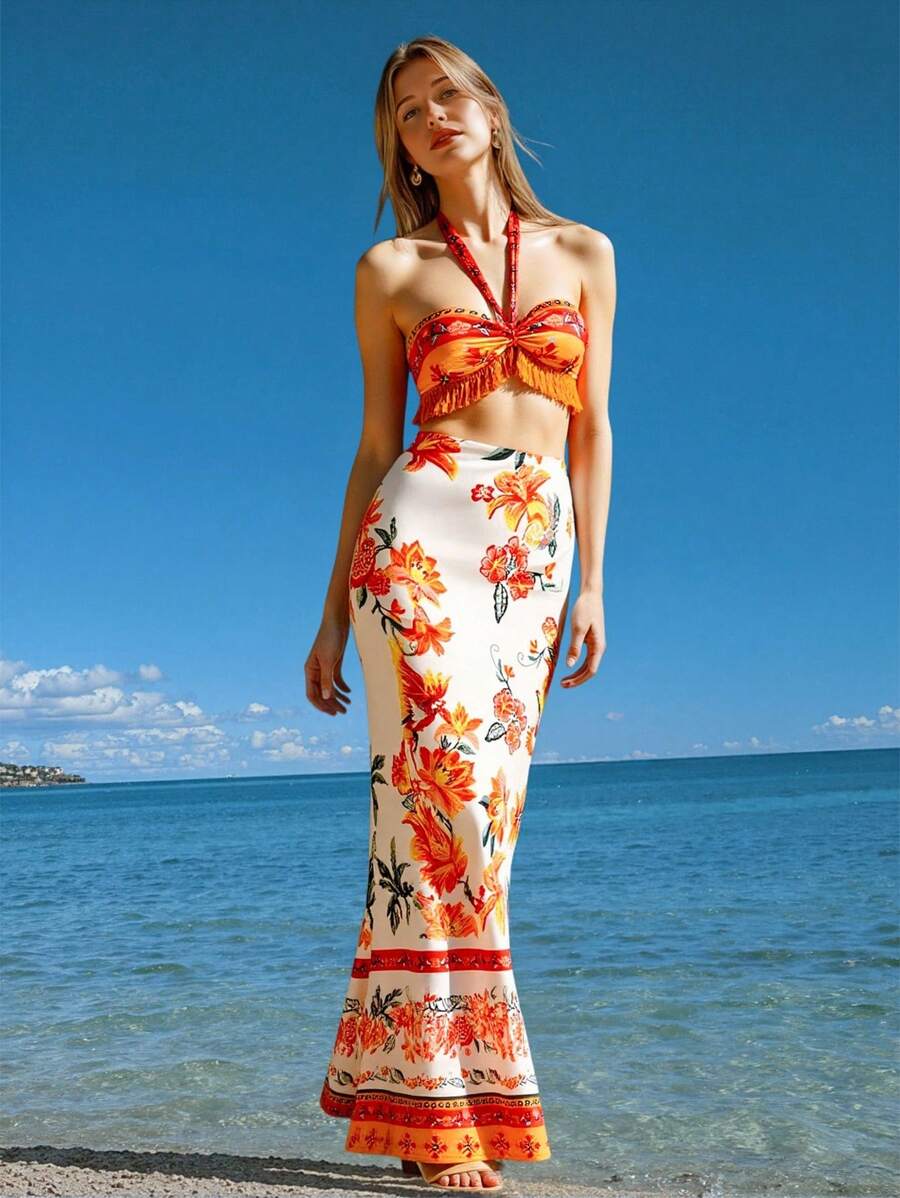 CAJUNI 2 peças/Conjunto Top Halter e Saia Estampa Floral Feminino com Decoração de Borla